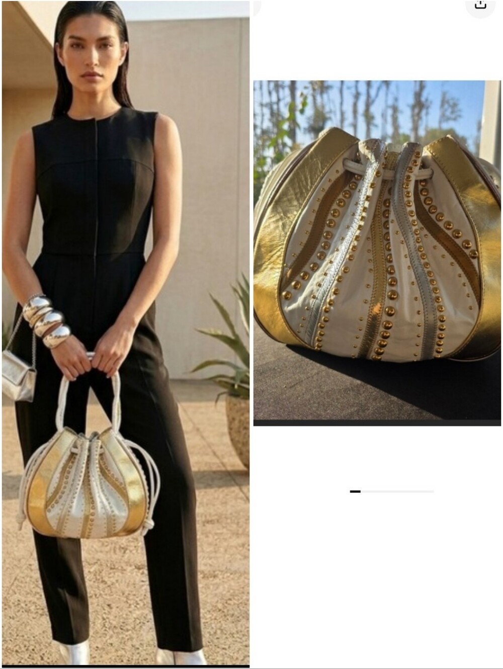 Gold & White Studded Drawstring Shoulder Bag by